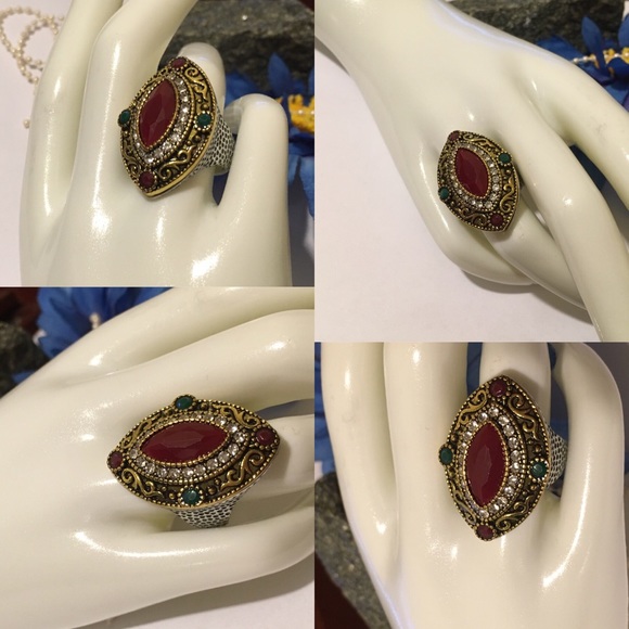 Marquise Cut Dyed Ruby & Emerald Handmade Turkish Brass Halo Ring - Picture 2 of 4